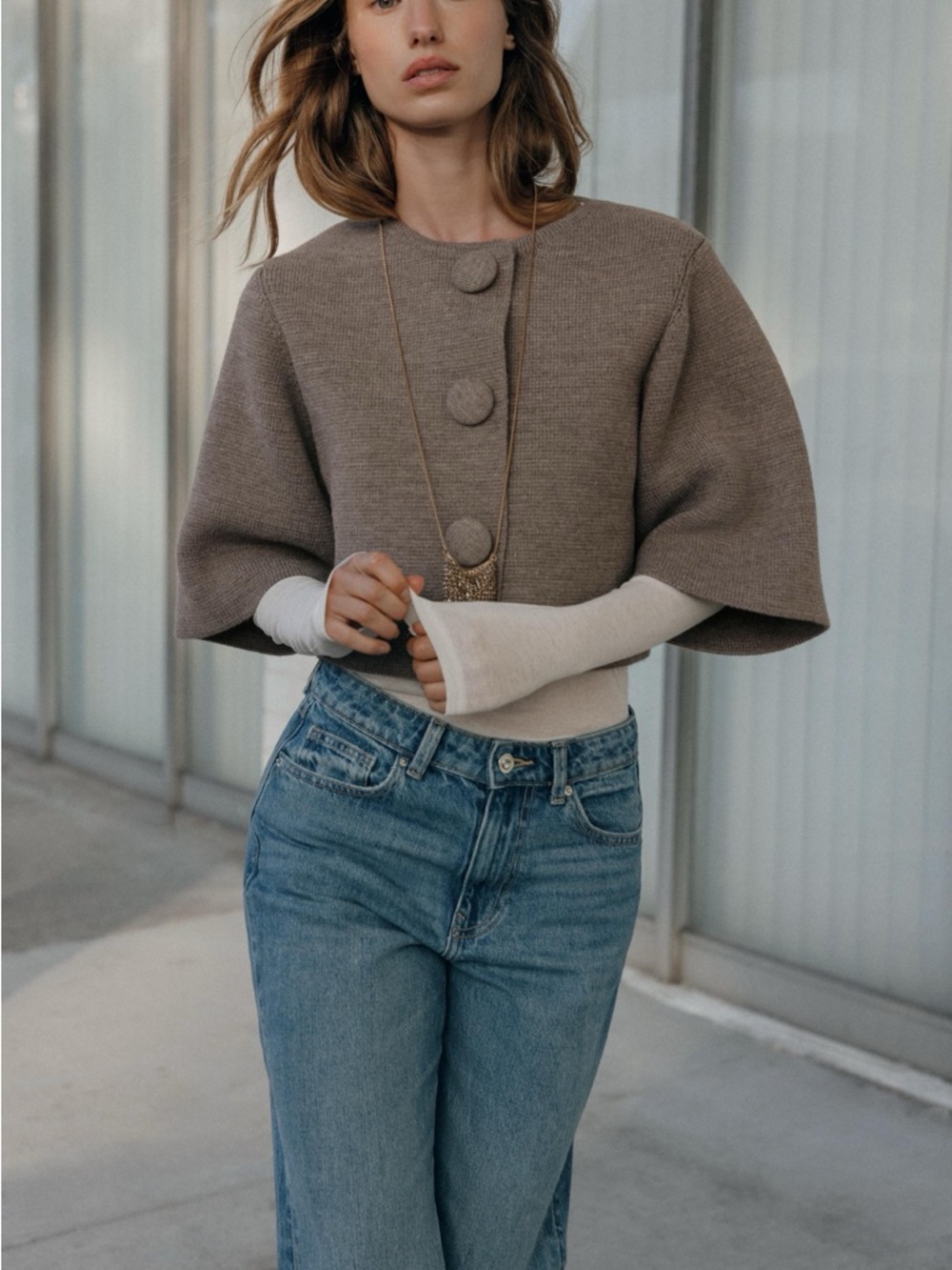 Zara Taupe Cropped Button-Front Knit Cardigan